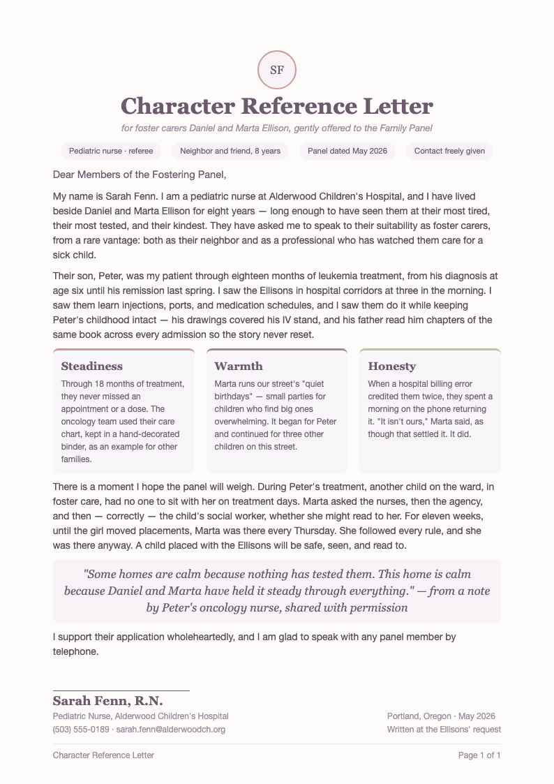 Soft pastel personal character reference letter